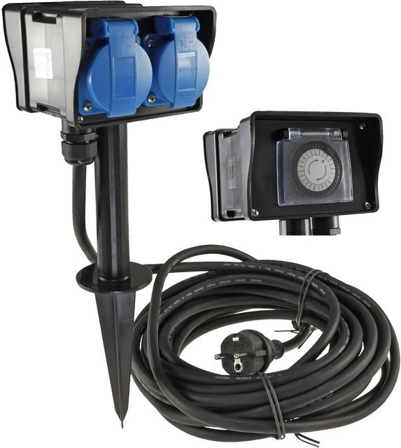 ChiliTec Gartensteckdose mit Erdspieß, 2-fach, IP44, 2m Kabel und Zeitschaltuhr - Bild 1