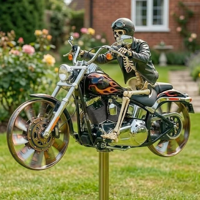 Schädel Motorrad Windmühle Deko-Skulptur aus Harz in Schwarz für den Terrassengarten von Yin Pingping Trading - Bild 1