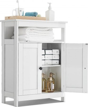 VEVOR Badezimmerschrank aus Holz mit 3 Ebenen und 2 Türen, freistehender Aufbewahrungsschrank mit verstellbarem Regalfach in Weiß - Bild 1