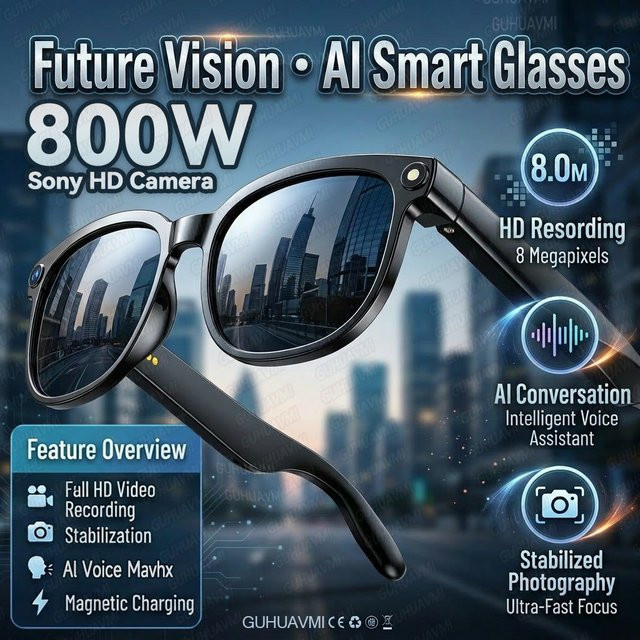 GUHUAVMI KI-Smart-Brille mit 1080P-Kamera, 8MP, Bluetooth 5.4, Open-Ear-Audio, Dual-Mikrofon und ENC-Geräuschunterdrückung, wasserfeste Sportbrille für Herren in Schwarz und Transparent - Bild 1