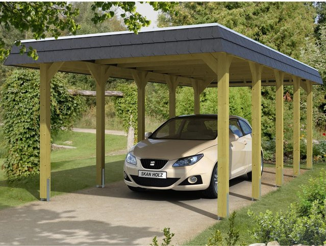 Skan Holz Carport Spreewald braun mit schwarzer Blende B/T: 345 x 741 cm - Bild 1