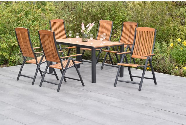 Merxx Athos 7-tlg. Gartenmöbel-Set mit rechteckigem Gartentisch aus Aluminium und Akazienholz, Grau/Braun, Tisch Breite: 150 cm, Tiefe: 90 cm - Bild 1