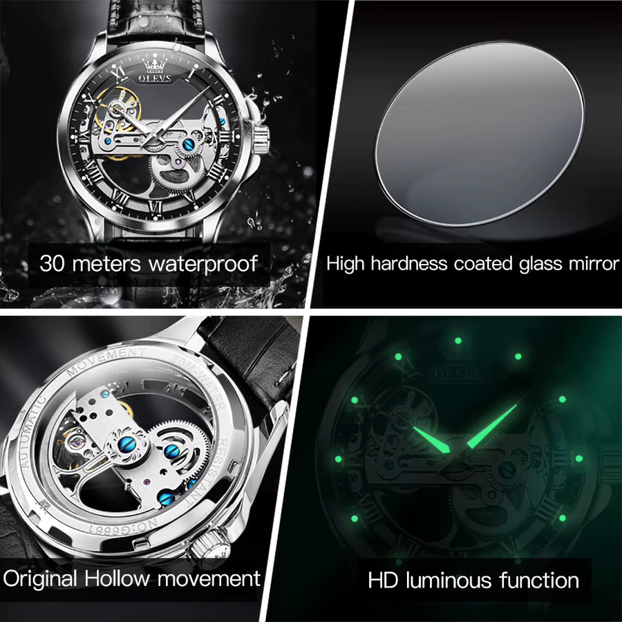 OLEVS Armbanduhr, Mechanisch, Leder, Herren, Silber Black - Bild 4