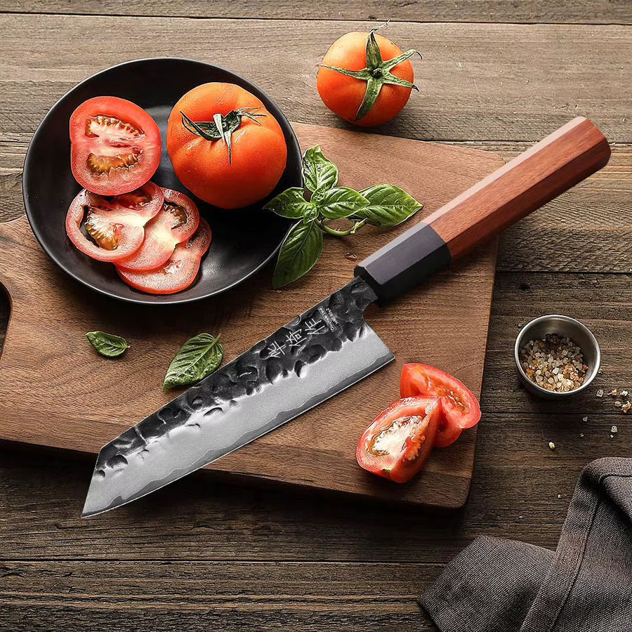 TUEWHO Kiritsuke-Butka Kochmesser aus handgeschmiedetem 3-lagigem Verbund-Carbonstahl mit Holzgriff, Silber, Länge: 15,2 cm - Bild 3