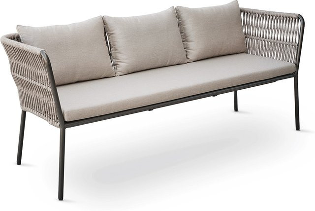 Stern Dining Bank Marla 3-Sitzer mit Armlehnen aus Aluminium in Anthrazit mit Kordel-Design und Kissen aus 100% Polyacryl in Graubraun - Bild 1