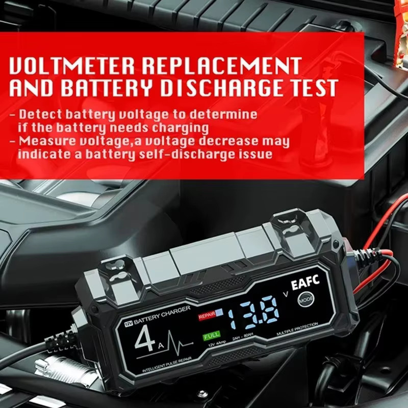 EAFC Intelligentes Batterie Ladegerät für Auto und Motorrad mit Puls Reparatur Funktion für Blei-Säure und AGM Batterien in Schwarz - Bild 2