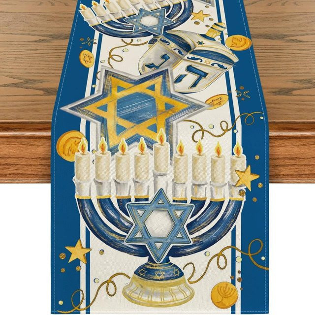 ILVISEST Tischläufer Chanukka Menora mit Hexagramm, Blau/Mehrfarbig, B: 33 cm, L: 120 cm - Bild 1
