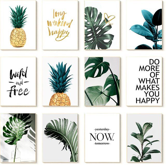 Nordic Gold Ananas Leinwandbild mit grünen Blättern von Potdemiel als Wandkunst für dein Wohnzimmer - Bild 1