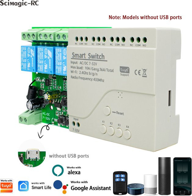 Tuya 4-Kanal WiFi Relais-Empfänger zur Motorsteuerung in Weiß, kompatibel mit Alexa und Google Home, AC DC 7-32V 85-250V 110V 220V, 10A 16A - Bild 1