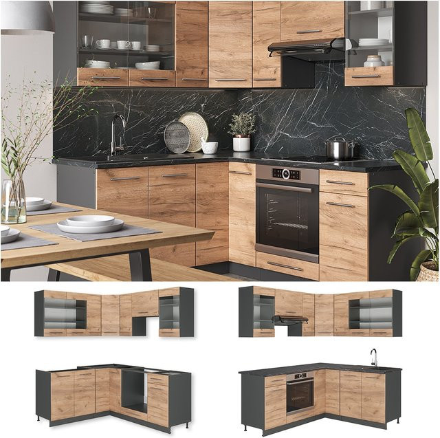 Vicco Eckküche Fame-Line Küchenzeile in Anthrazit und Eiche, moderne Einbauküche mit Soft-Close-Funktion, Breite: 190 cm - Bild 1