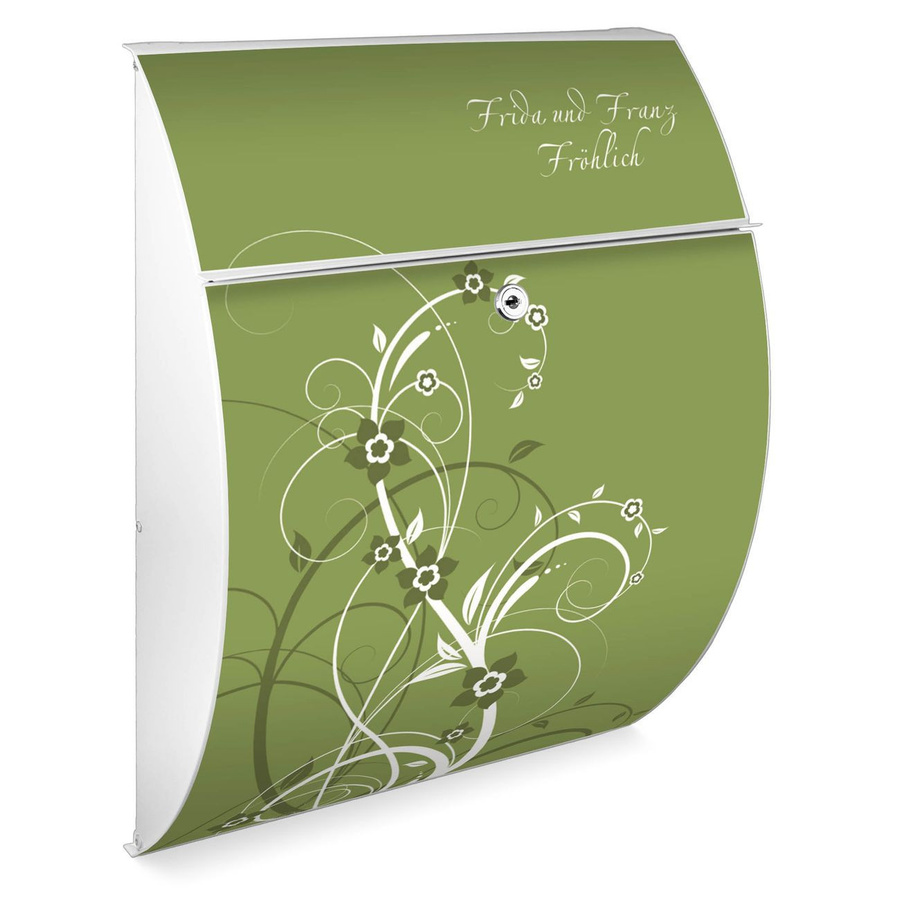 Burg-Wächter Design Briefkasten weiß aus verzinktem Stahl mit grünem Blütenmotiv, wetterfester Postkasten mit A4 Einwurf und Öffnungsstopp, B/T/H: 46,0 x 33,5 x 13,0 cm - Bild 1