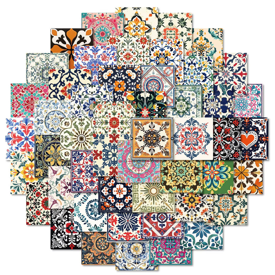 50 Stück Vintage-Kunstfliesen-Aufkleber von LanLanStickersWorld Store in Multicolour, wasserfeste DIY-Aufkleber mit floralem Design für Kühlschrank, Skateboard und Handyhülle - Bild 2