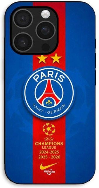 Maniacase iPhone 14 Pro Hülle mit PSG Logo Champion Design in Schwarz, Rot und Blau - Bild 1