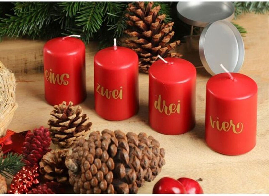Buri Stumpenkerzen Set für Advent und Weihnachten, 4er Pack rote Wachskerzen in zylindrischer Form zur Tischdekoration - Bild 1