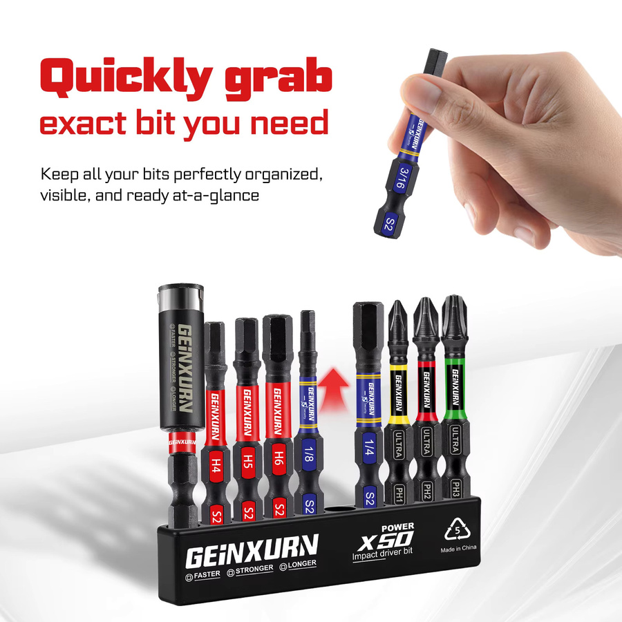 Geinxurn Mixed Impact Robustes Schraubendreher-Power-Bit-Set aus S2-Stahl mit Bithalter und Aufbewahrungsorganisator - Bild 4