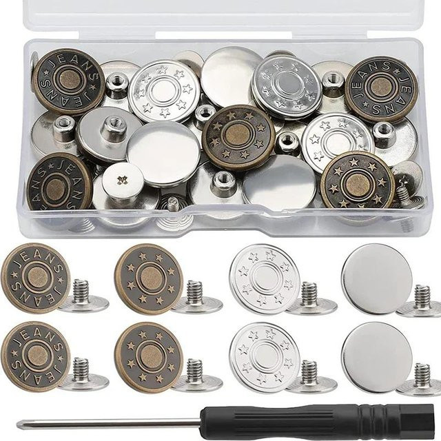 LIUXING Reparaturset für abnehmbare Jeansknöpfe mit Werkzeug, verstellbare Metall-Hosenknöpfe ohne Nähen, 20 Stück in Silber und Gold - Bild 1