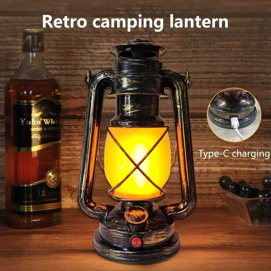 Wiederaufladbare Retro-LED-Tischlampe in Schwarz mit 3 Beleuchtungsmodi und warmweißem Licht als tragbare Vintage-Laterne für Camping und Reise - Bild 3