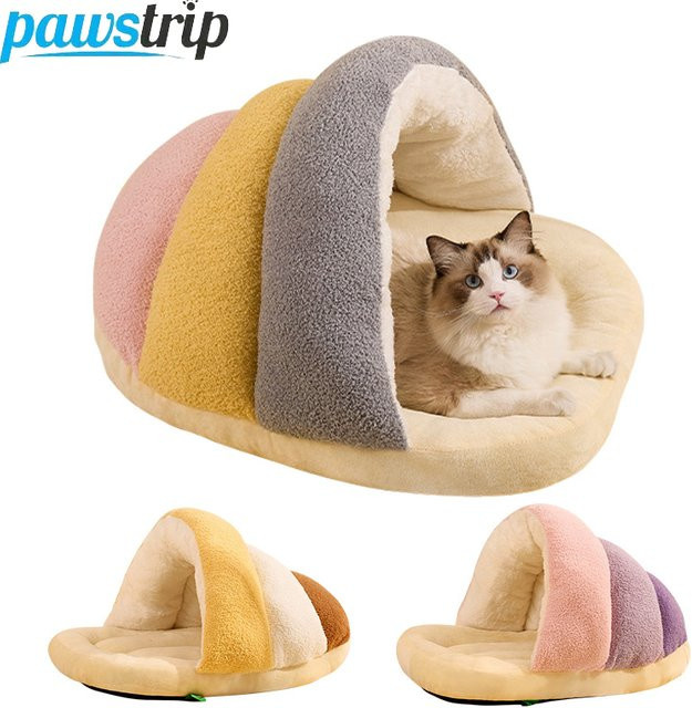 Pawstrip Katzenbett als warmer Schlafsack und Höhle aus weichem Plüsch in Gelb und Weiß - Bild 1