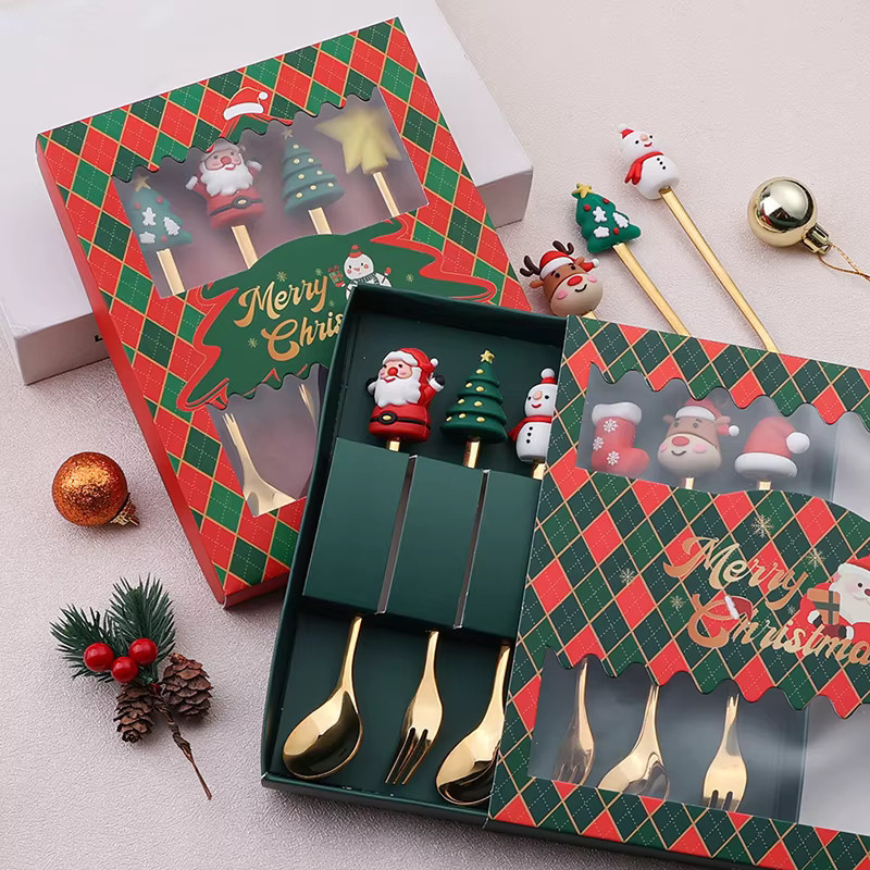HUXUAN Weihnachts Besteckset aus Edelstahl mit Elch-Design in Gold, Löffel und Gabel für Dessert und Kaffee - Bild 2