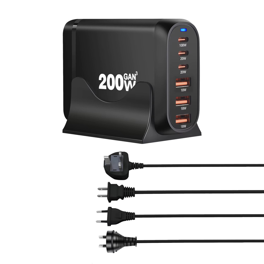 deepartner GaN Ladestation mit 6 USB-Ports, 200W Schnellladegerät in Schwarz, 3A3C USB Typ C PD Quick Charge 3.0 für Laptop - Bild 2