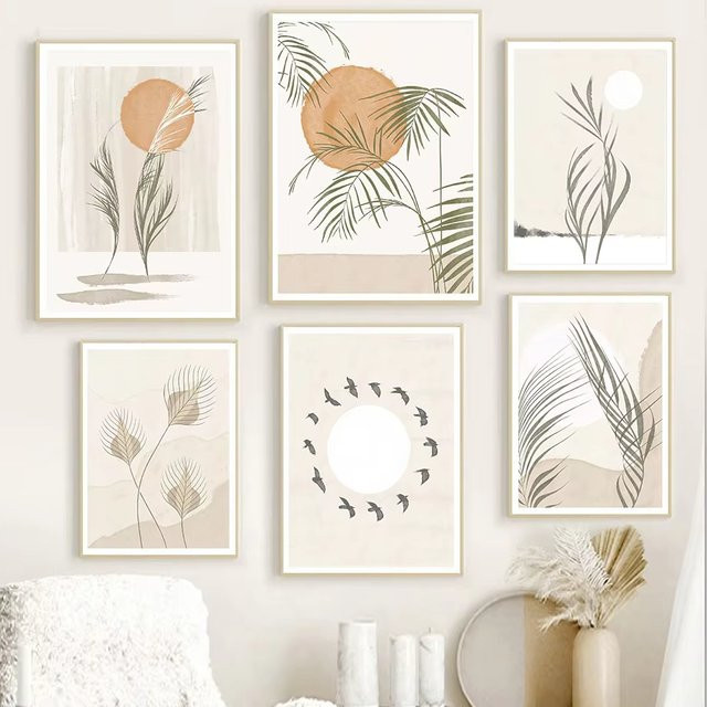 Potdemiel Boho Wandkunst Leinwand mit Blättern und Sonne in Grün als abstrakte Nordic Mid Century Modern Dekoration - Bild 1