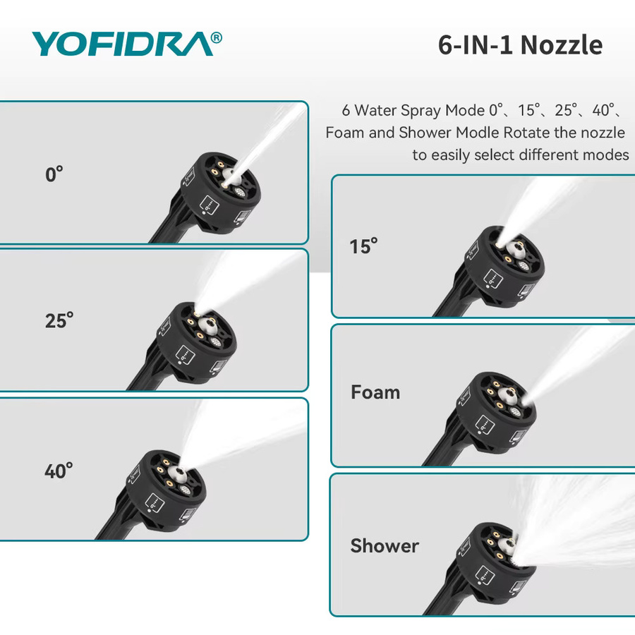 YOFIDRA Kabelloser Hochdruckreiniger 200Bar mit 6-in-1 Autowaschpistole in Schwarz für Makita 21V Akku - Bild 3