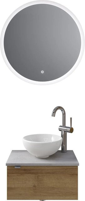 Pelipal Badmöbel-Set Serie 6915 Riviera Eiche-Oxid Dunkelgrau mit Keramik Aufsatzbecken, Waschtischunterschrank und Funktionsspiegel mit LED-Beleuchtung und Sensor-Schalter - Bild 1