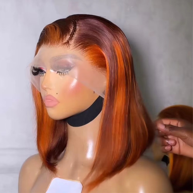 Luxexuan Bob-Perücke, 100% Echthaar, Ingwer-Orange, 200% Dichte - Bild 1