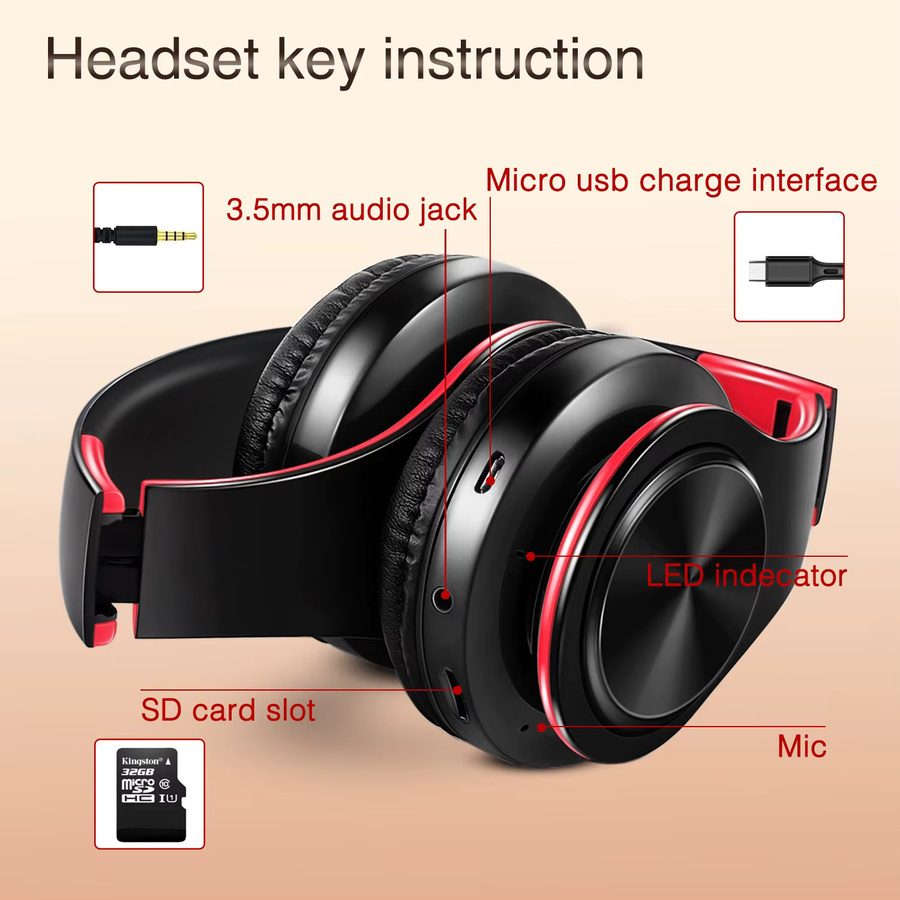 CATASSU Bluetooth Over-Ear Stereo Kopfhörer mit integriertem Mikrofon in Schwarz-Gold - Bild 6