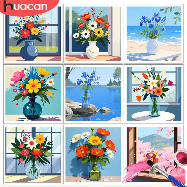 HUACAN Malen nach Zahlen, Blumenstrauß, blaue Vase, DIY Ölgemälde-Set - Bild 1