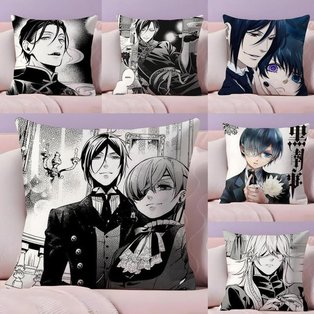 PIKPAKA Black Butler Anime Manga Kissenbezug aus Plüsch in Schwarz, 30 x 30 cm - Bild 1
