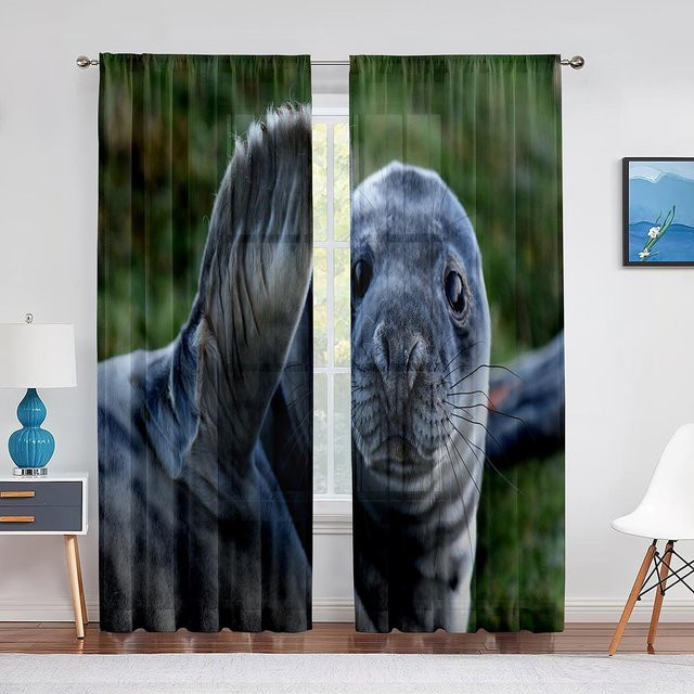 Transparenter Tüll-Voile-Vorhang mit Seelöwen-Motiv von Super Six, Farbe Multicolour, B/H: 100 x 250 cm - Bild 1