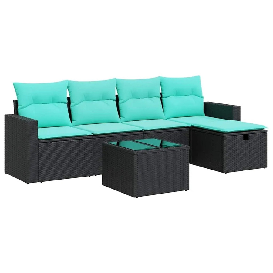 vidaXL 6-teilige Garten-Sofagarnitur in L-Form mit Polsterkissen, Schwarz und Blau, Poly-Rattan und Metallgestell - Bild 2