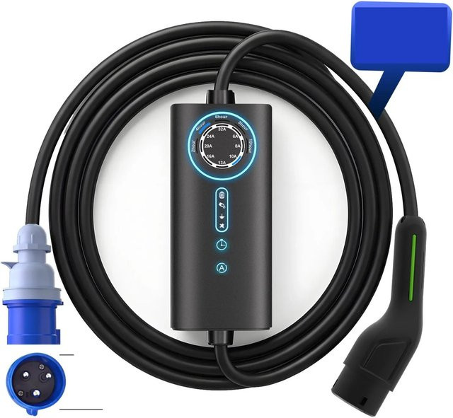 Junsun EV Ladegerät 7kW mit 8m Type 2 Kabel, 1-phasig, 6-32A, Schwarz - Bild 1