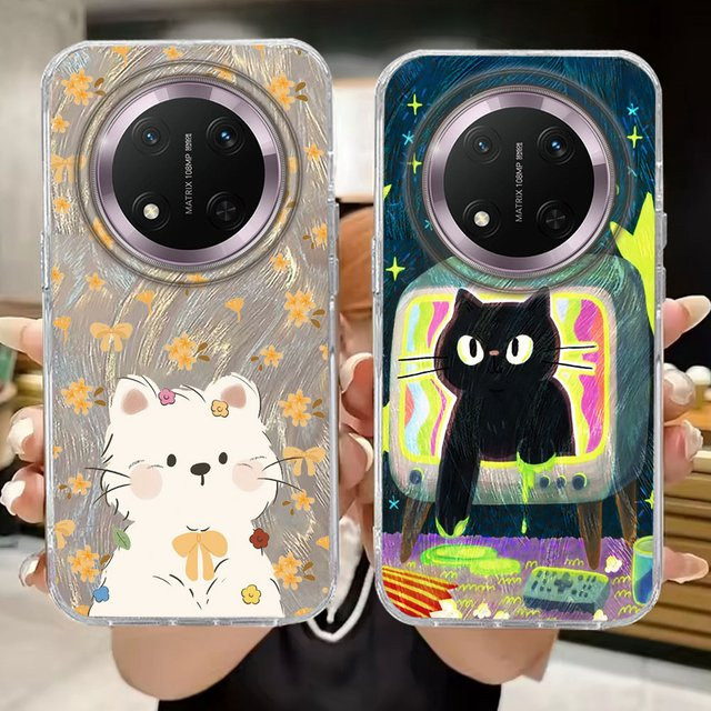 Handyhülle mit Cartoon Katze und Blumen Design für Honor X9c X9b X9a X8a X8b X7c X6c Smart Pro Magic7 6 5 70 Lite in Schwarz und Multicolour - Bild 1