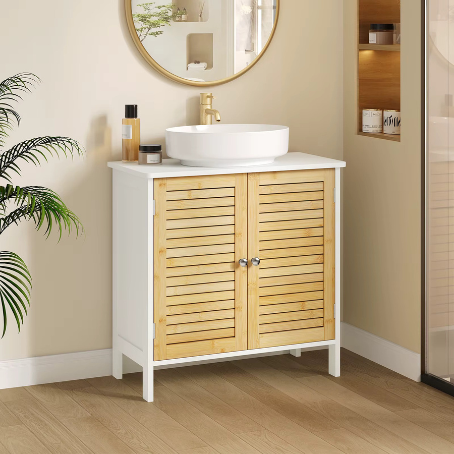 Eugad Badezimmer-Waschtischunterschrank aus Bambus und MDF in Weiß, freistehender Unterschrank-Organizer mit verstellbarem Regal und Türen, B/T/H: 60 x 60 x 30 cm - Bild 2