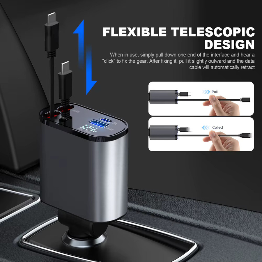 4 in 1 Einziehbares Auto Ladegerät mit 120W Schnellladefunktion, USB-C Kabel für iPhone, Huawei und Samsung, Zigarettenanzünder Adapter mit PD und QC 3.0 - Bild 3