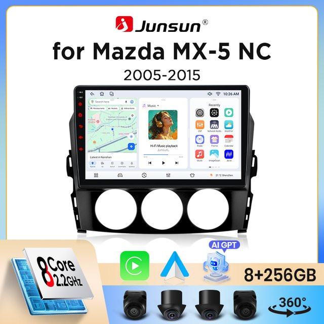 Junsun Wireless CarPlay und Android Auto Autoradio für Mazda MX-5 Mk3 (NC) 2005-2015 in Schwarz mit GPS, WiFi, Bluetooth und IPS-Touchscreen - Bild 1