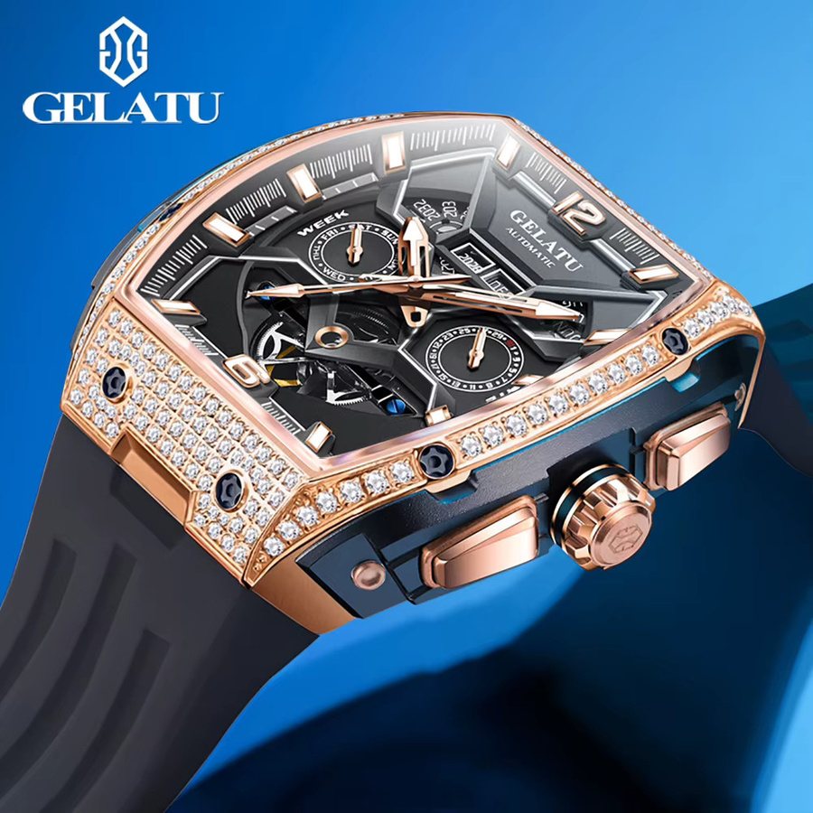 GELATU Armbanduhr, Automatik, Diamant, Silikonarmband, Herren, Schwarz - Bild 4