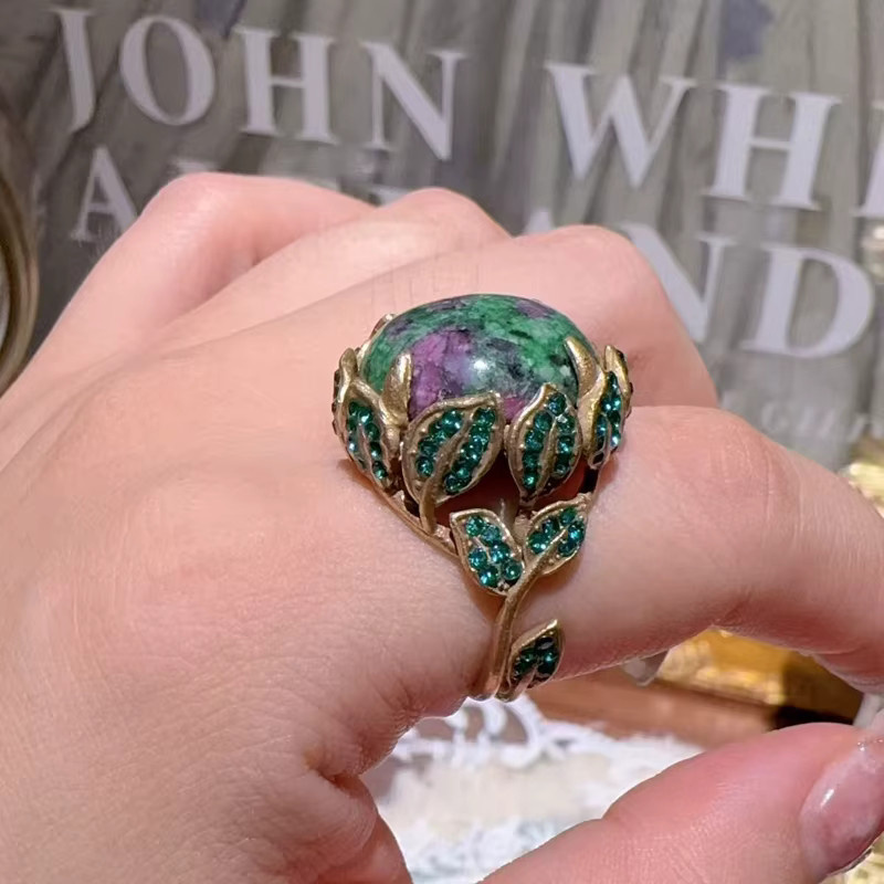Icareu Ring, Naturstein, Moosgrün, Goldfarben, Strass-Blatt, Damen - Bild 3