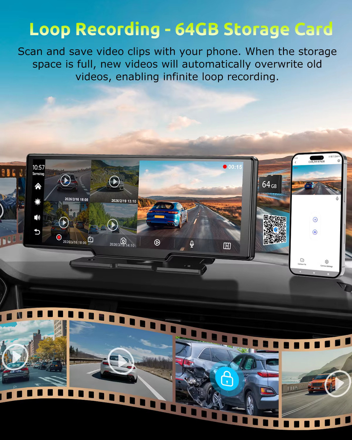 ESSGOO Tragbares Autoradio mit 10,26 Zoll 4K Touchscreen, kabelloses CarPlay, Android Auto, Bluetooth, Mirror Link und Dual-Lens Dashcam inklusive Rückfahrkamera in Schwarz - Bild 6