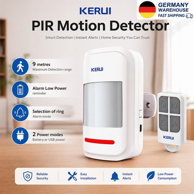 KERUI Kabelloser PIR-Bewegungsmelder mit Fernbedienung, 433MHz Infrarot-Bewegungssensor für Zuhause, Alarm und Türklingel mit zwei Modi sowie SOS-Funktion für Senioren, Farbe: Weiß - Bild 1