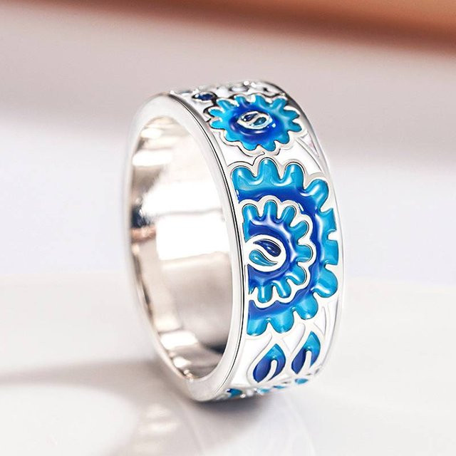 Huitan Ring, blaues Blumen-Design, silberfarbenes Metall, Damen - Bild 1