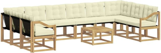 vidaXL Outdoor-Sofagarnitur aus massivem Akazienholz mit 11-teiligem Set, Textilene und Kissen, Weiß und Beige - Bild 1