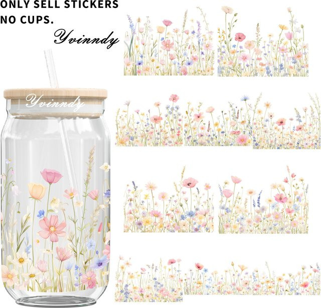 4er Set UVDTF-Transferaufkleber Frühlings-Aquarell-Wildblumen für 16-Unzen-Becher, wasserfest und kratzfest, Mehrfarbig - Bild 1