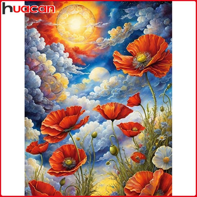 Huacan Diamantmalerei Mohnblume Landschafts-Set mit Rundsteinen in Mehrfarbig, B/H: 20 x 30 cm - Bild 1
