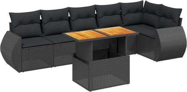 vidaXL 7-teilige Garten-Sofagarnitur aus Poly-Rattan und Akazienholz in Schwarz mit Kissen - Bild 1