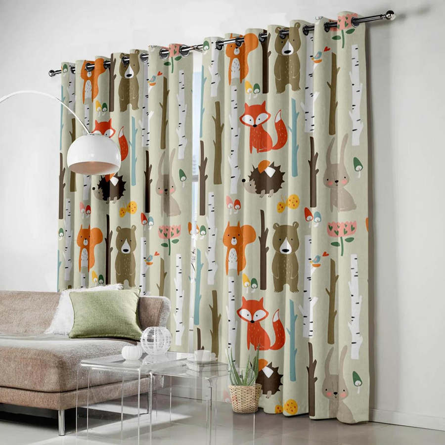 Yiran Furniture Kinder Vorhänge mit Waldtier-Motiv Fuchs Bär Hase, 2er-Set halbtransparent, Mehrfarbig, B: 50 cm, H: 130 cm - Bild 1