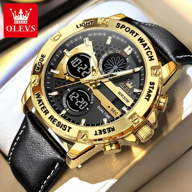 OLEVS Armbanduhr, Quarz, Lederarmband, Gold, Schwarz, Herren - Bild 1