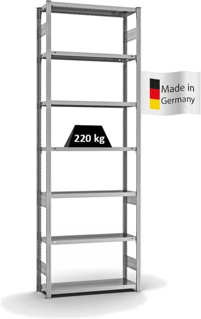 PROREGAL Fachbodenregal Stecksystem T-Profil Medium-Duty Grundregal, verzinkt, H x B x T: 300 x 100 x 30 cm, 7 Ebenen, Fachlast 220 kg, beidseitig nutzbar - Bild 1